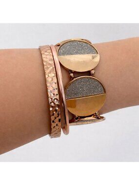 Rose Gold & Glitter Bangle Bracelet Set With Hammered & Oval Details western boh